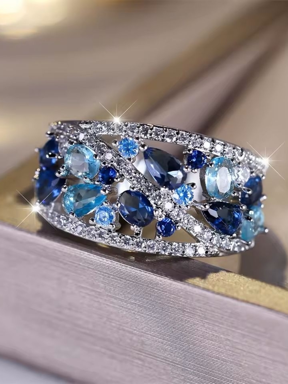 Silver color Ring with Mixed Blue Gemstones - Women Jewelry - Picture 3 of 5